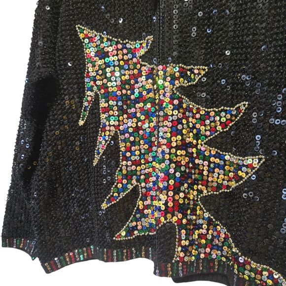 Vintage BERER Takako Sakon Black Full Sequin Christmas Tree Full Zip XL - Picture 3 of 8